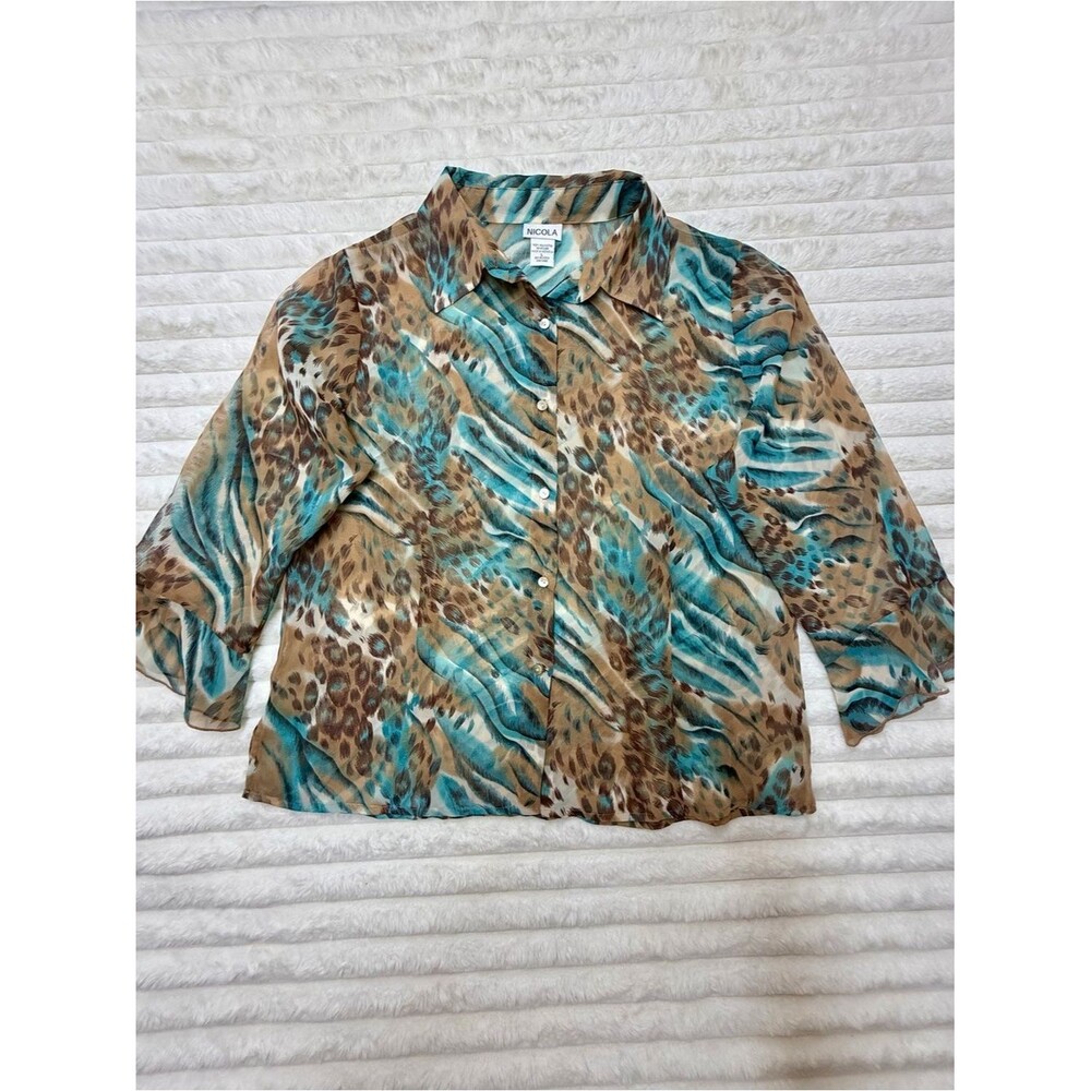 Nicola Button Up Blouse Teal Brown Animal Print Design L